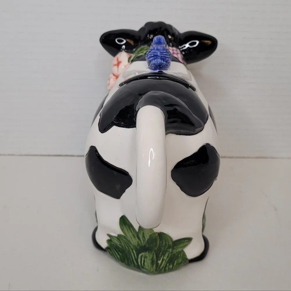 Black White Holstein Cow Teapot with Blue Bird on Back Vintage Wangs Intl Cerami